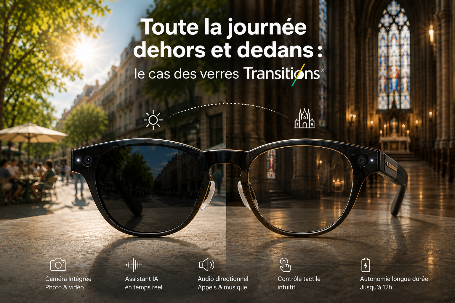 Verres Transitions® de lunettes connectées, clairs à l'intérieur et teintés en extérieur
