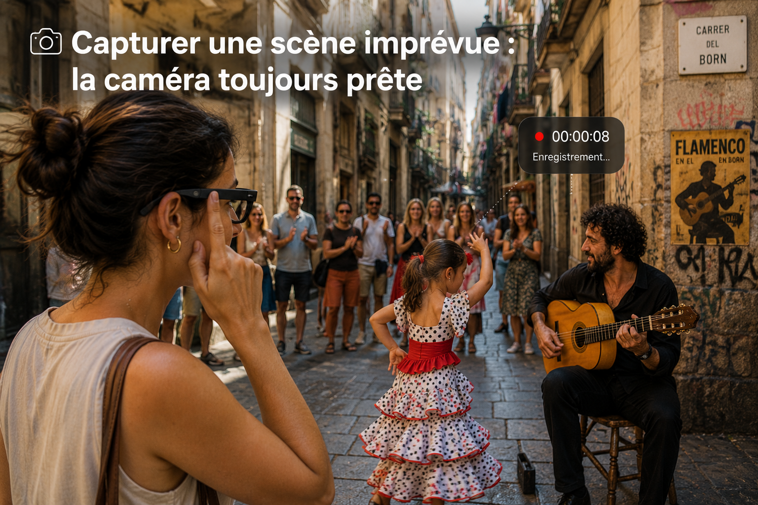 Capture photo spontanée avec des lunettes connectées dans une rue de Barcelone