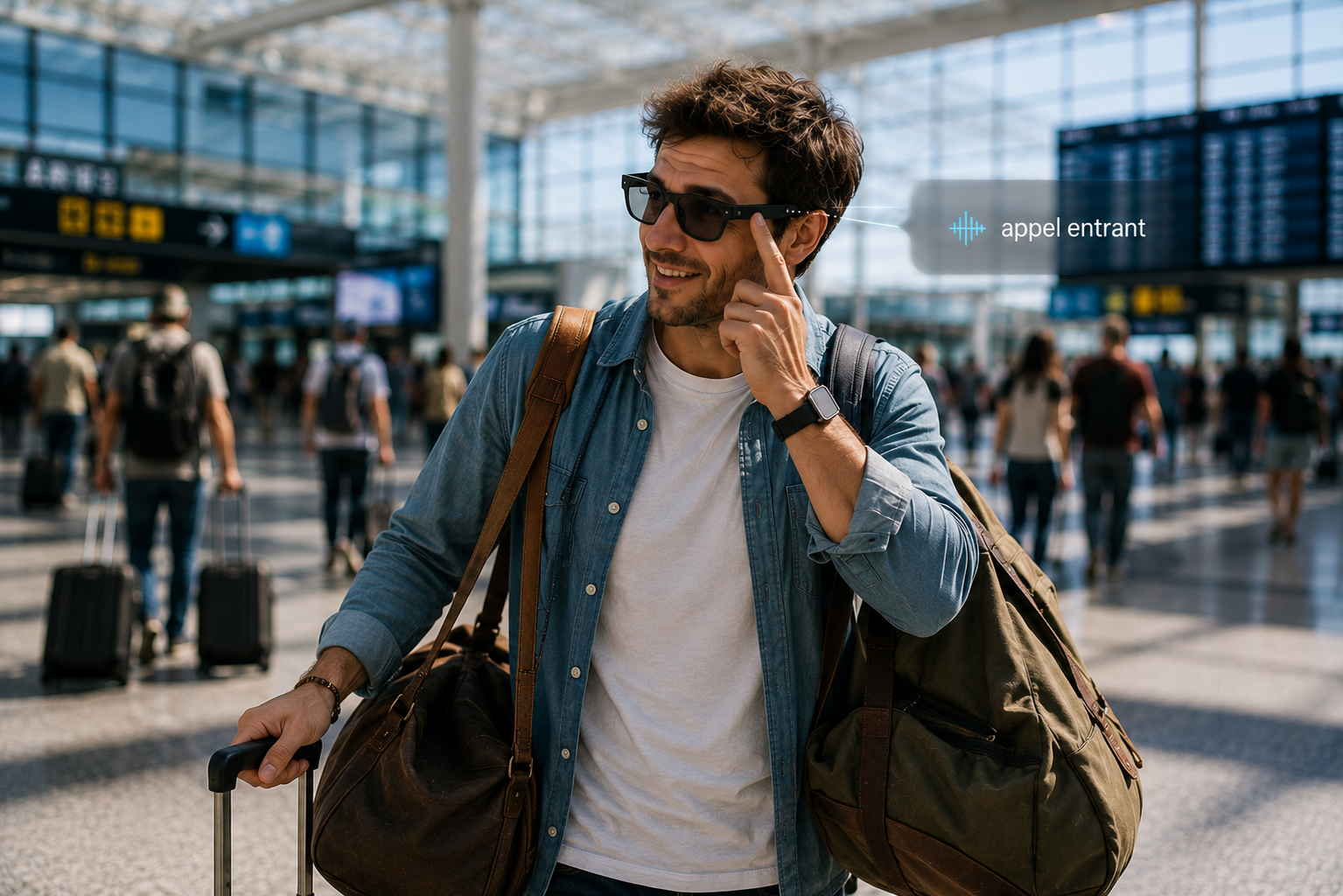 Appel entrant reçu via des lunettes connectées dans un aéroport