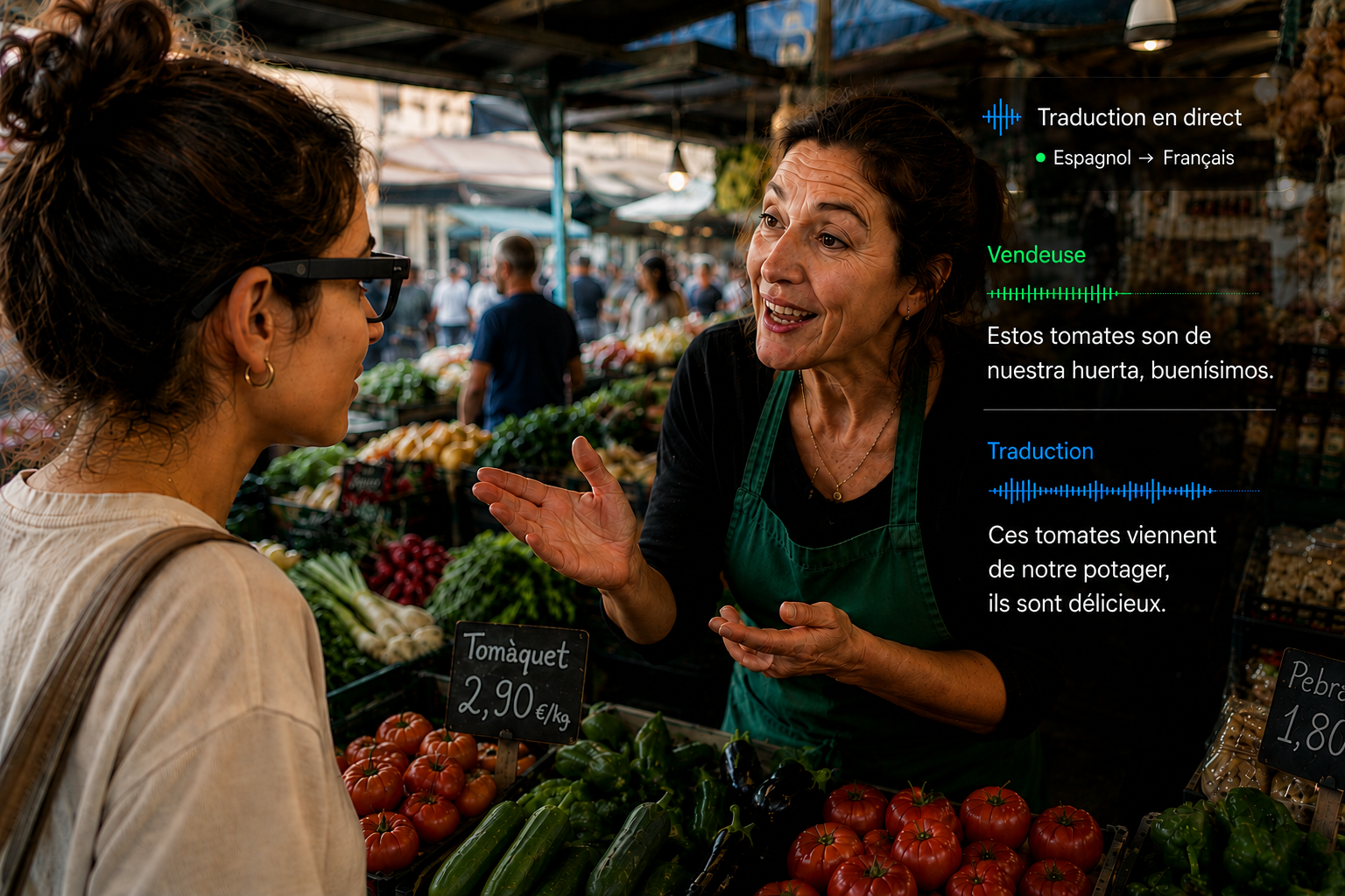 Traduction en temps réel avec des lunettes connectées sur un marché en Espagne