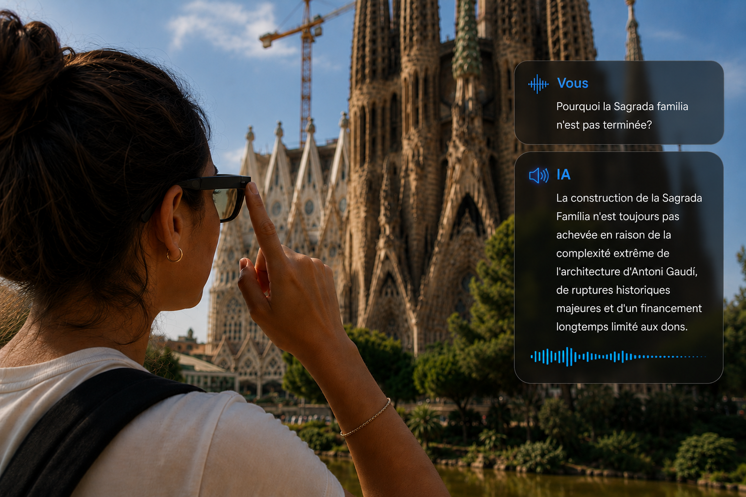 Assistant IA vocal des lunettes connectées répondant à une question devant la Sagrada Família